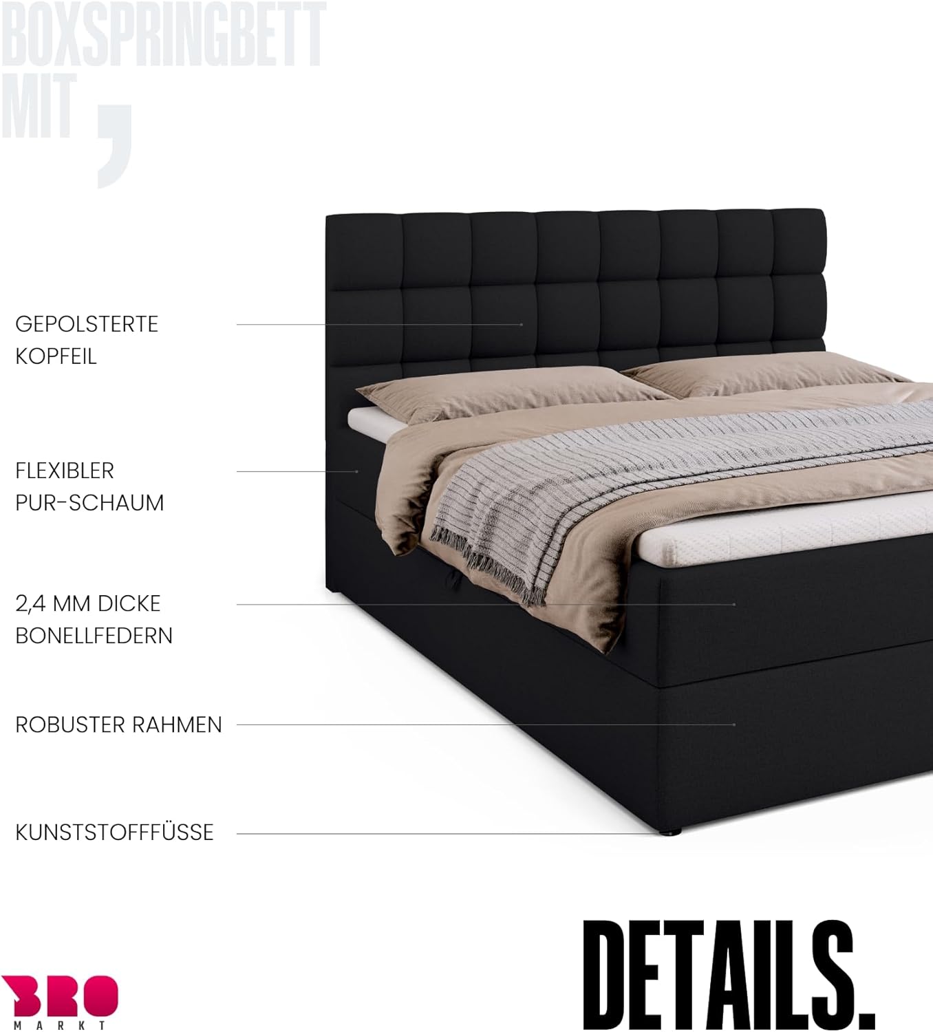 BROMARKT Boxspringbett mit Bettkasten Polsterbett mit Bonell-Matratze und Topper Bett für Schlafzimmer gepolstertes Kopfteil Dakota bonellfedern 160x200 Härtegrad H3 Schwarz