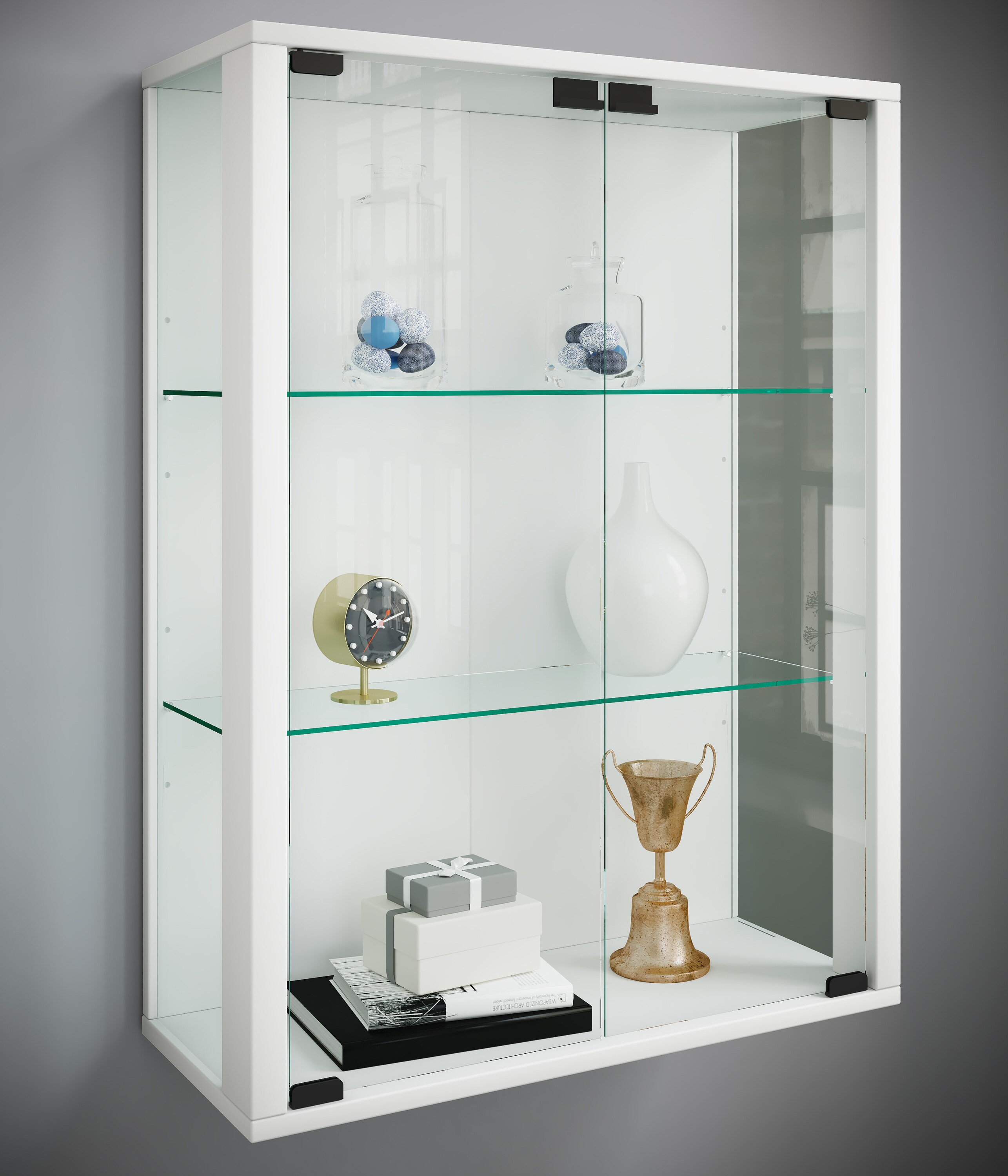 VCM Glasvitrine hängend | Vitrine Glas mit ESG-Sicherheitsglas | Maße: H. 80 x B. 60 x T. 25 cm | Hängevitrine Glas | Modern und platzsparend | Glas Vitrinenschrank - Udina