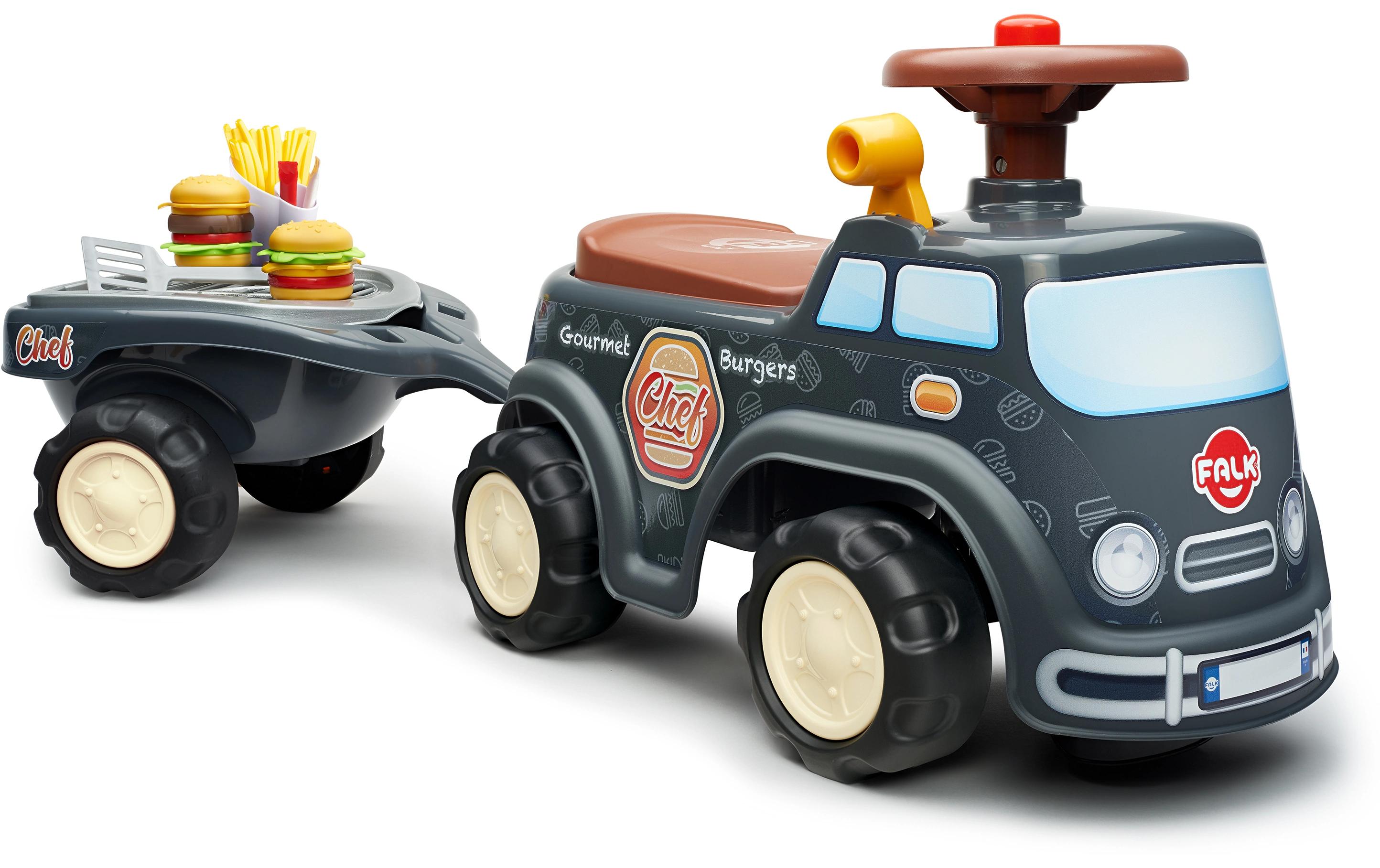 Rutschfahrzeug Food Truck + Anh.Forwarder mit aufklappbarer Sitzfläche, Lenkrad mit Hupe, Anhänger und Zubehör