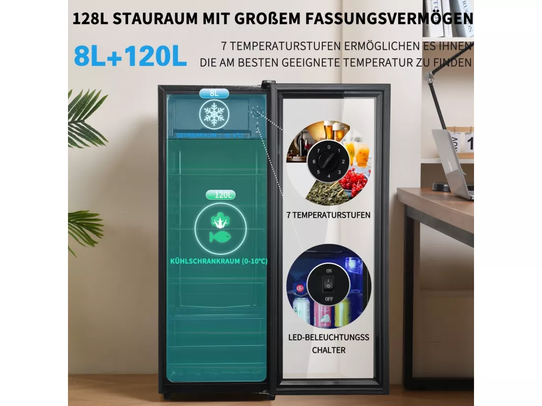 Réfrigérateur 128L, avec 3 étagères réglables et porte en verre, -10°C à 10°C, 90 kWh/an, efficacité énergétique F, 40x41x109.5cm