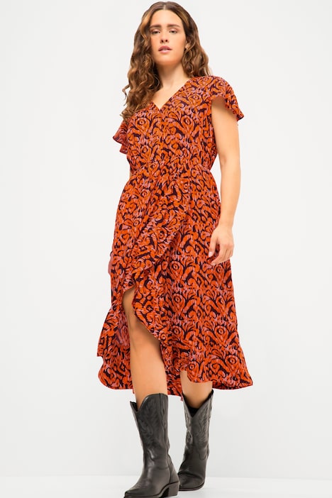 Midikleid, A-Line, Allover Print, V-Ausschnitt, Halbarm