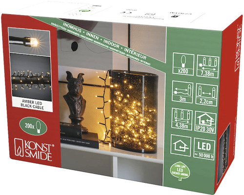 Konstsmide Micro LED Cluster String Lights, 4,38 m + 3 m aansluitdraad, 200 LED's, amberkleurige lichtkleur