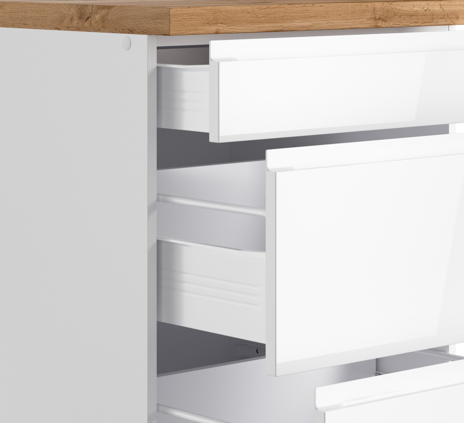 Winkelküche MONZA - weiß Hochglanz - Wotaneiche - mit E-Geräten - Induktionskochfeld - 300x240 cm