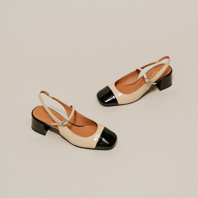 Salomés slingback à bouts carrés  en vernis noir et écru