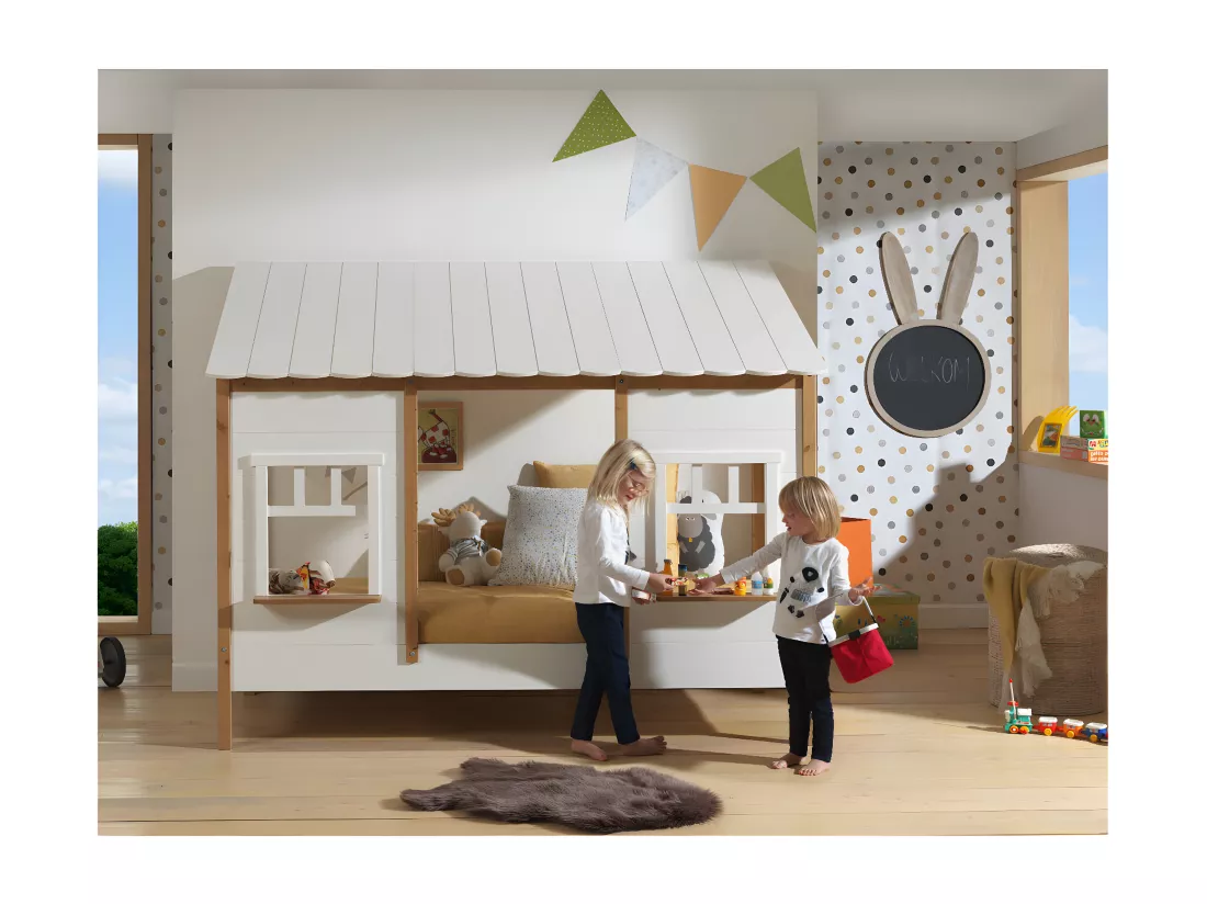 LAKA - Lit Maison 90x200cm Blanc et Pin Naturel