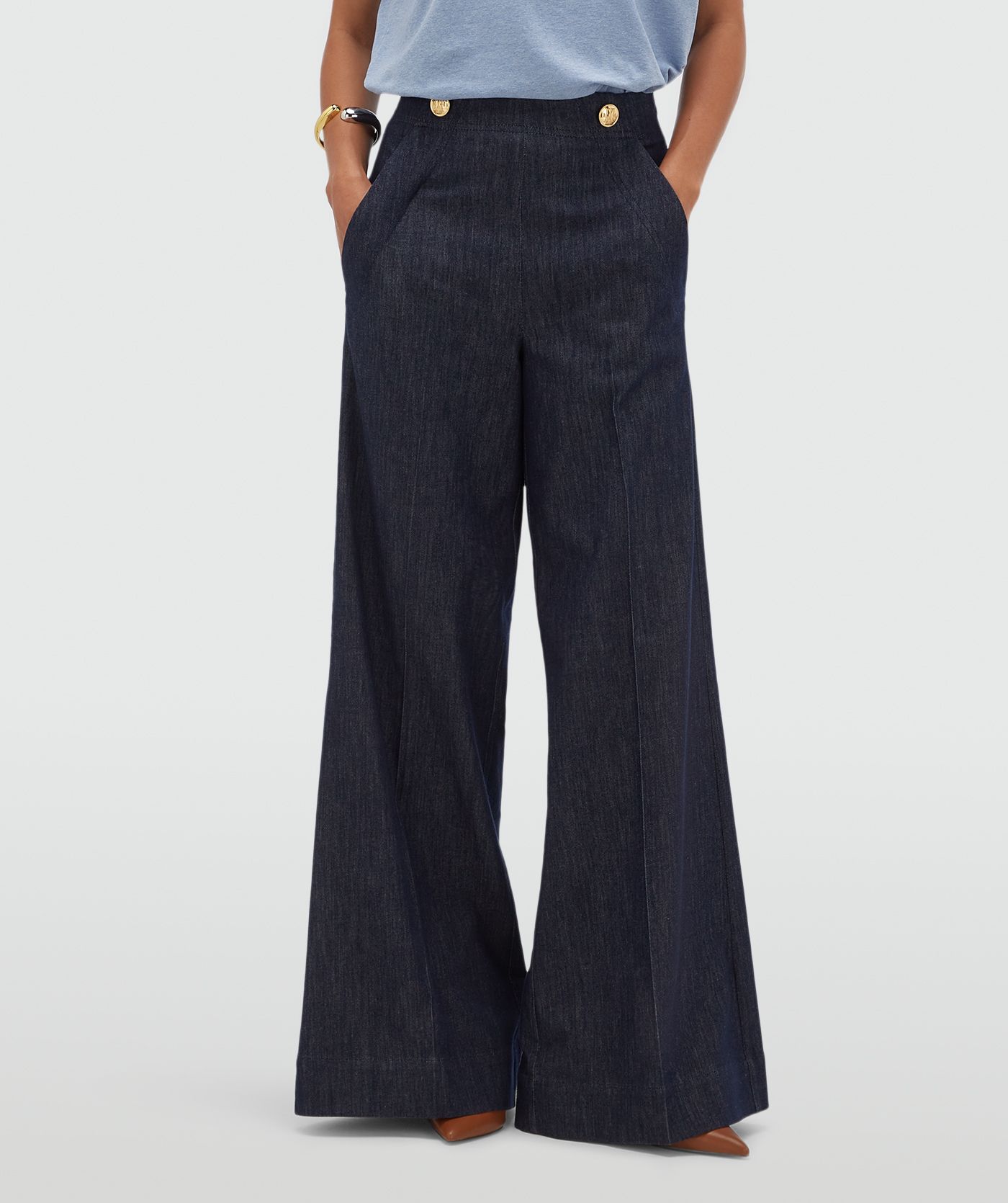 JV-INDRA high waisted wide leg pantalon - dark blue chambray