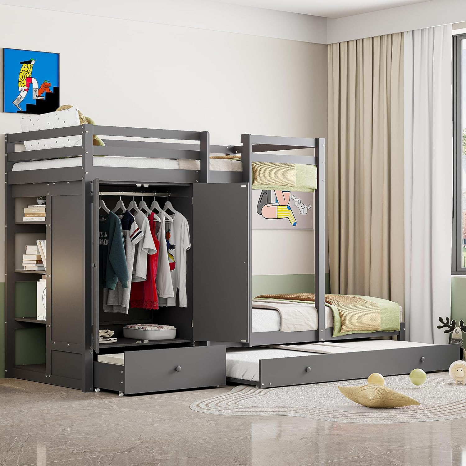 Etagenbett 90 x 200cm,Jungenbett aus Massivholz mit Ausziehbett 90x190cm, multifunktionales Kinderbett mit Kleiderschrank, Schubladen und Ablagefach (Grau)