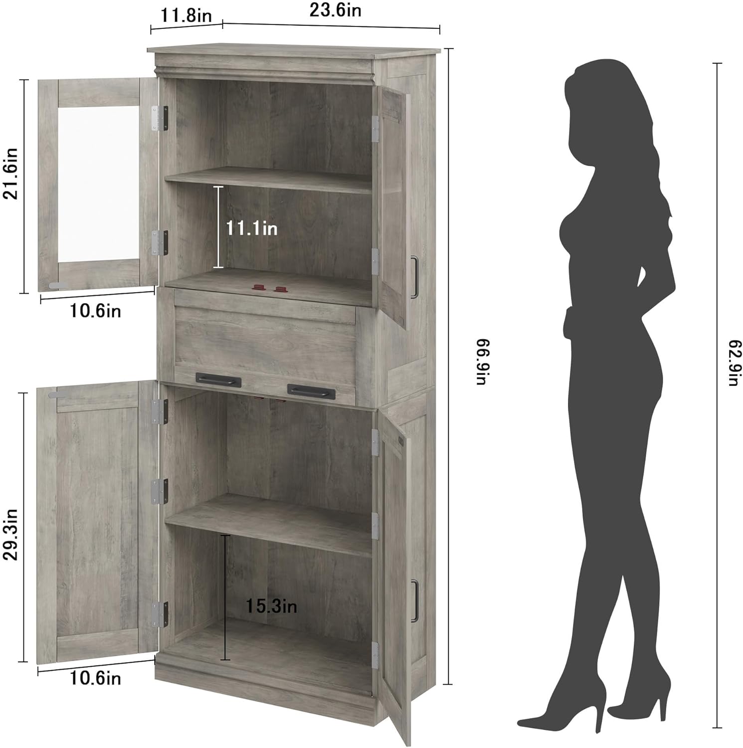 Litake 170cm Großer Badezimmerschrank mit 4 Türen, Freistehender Aufbewahrungsschrank mit Glastüren und verstellbaren Regalen und Schubladen Schrank für Küche Speisekammer Wohnzimmer (Grau)