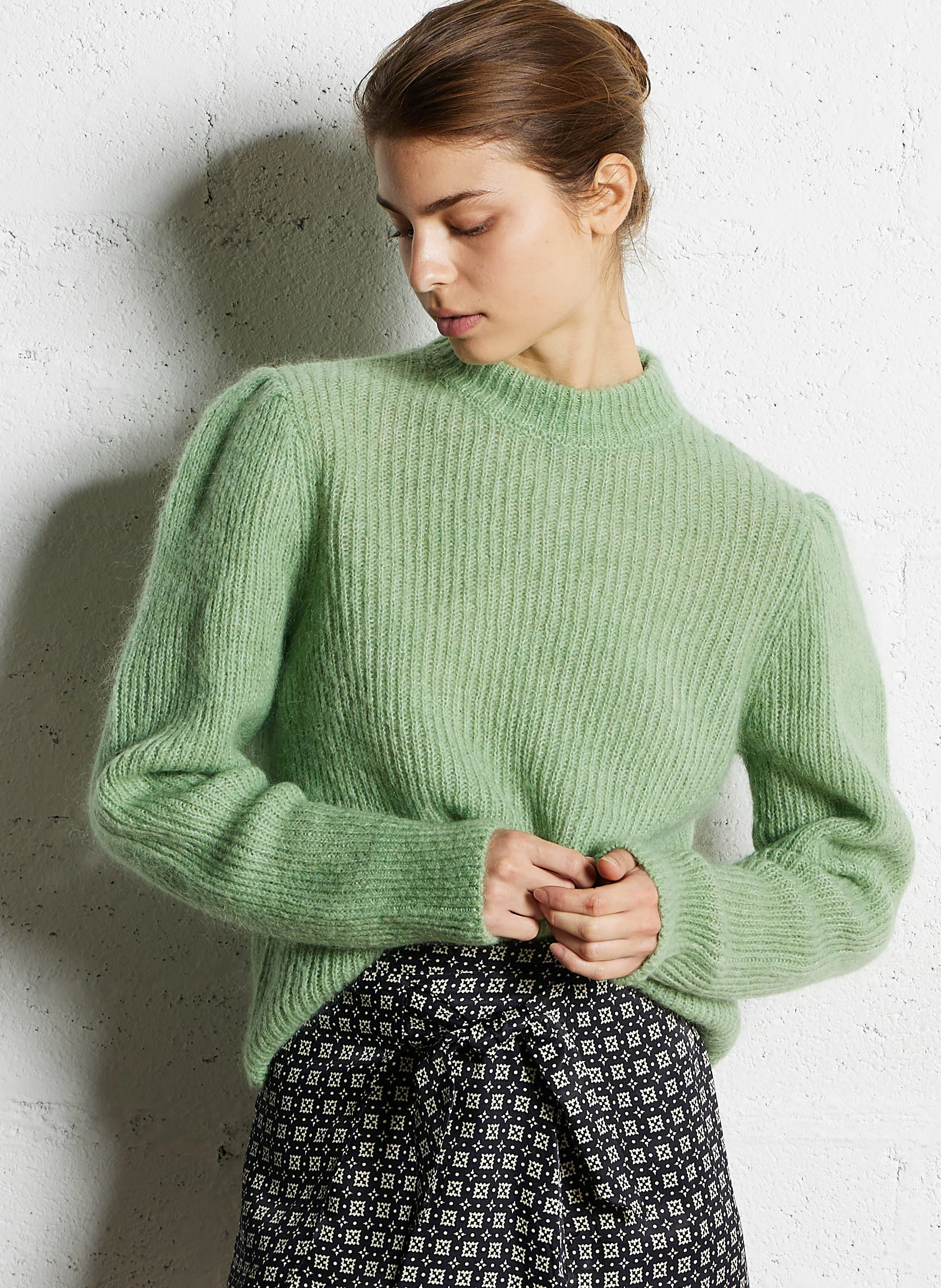 MIMI - Pull col montant en laine mélangée | Vert