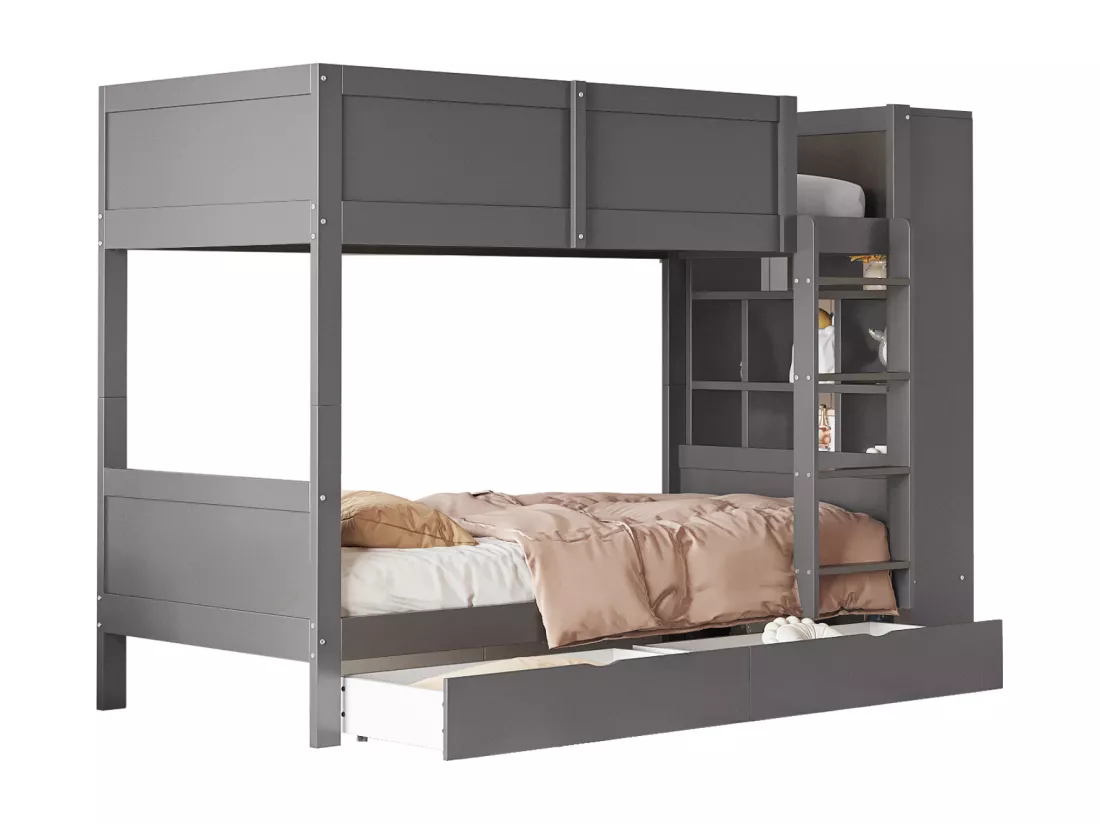 Lit superposé pour enfants 90*200 cm, avec tiroirs et armoires, barrières de sécurité et grand espacement des lits, gris