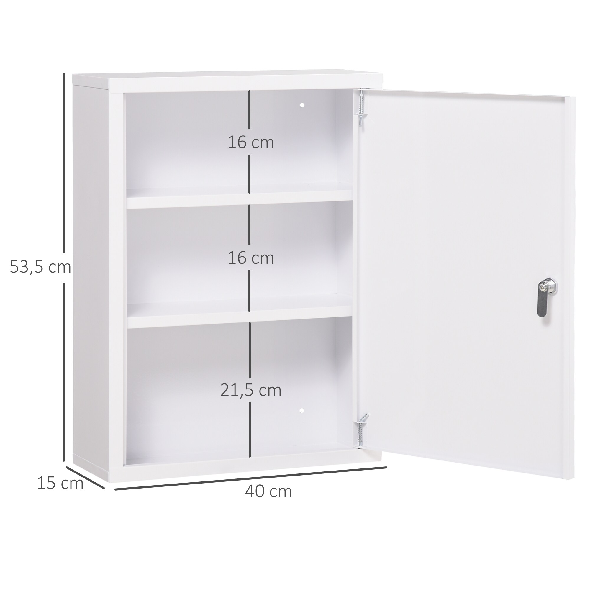 kleankin Medizinschrank mit einer Tür, drei Ebenen und Schloss weiß 40L x 15B x 53,5H cm