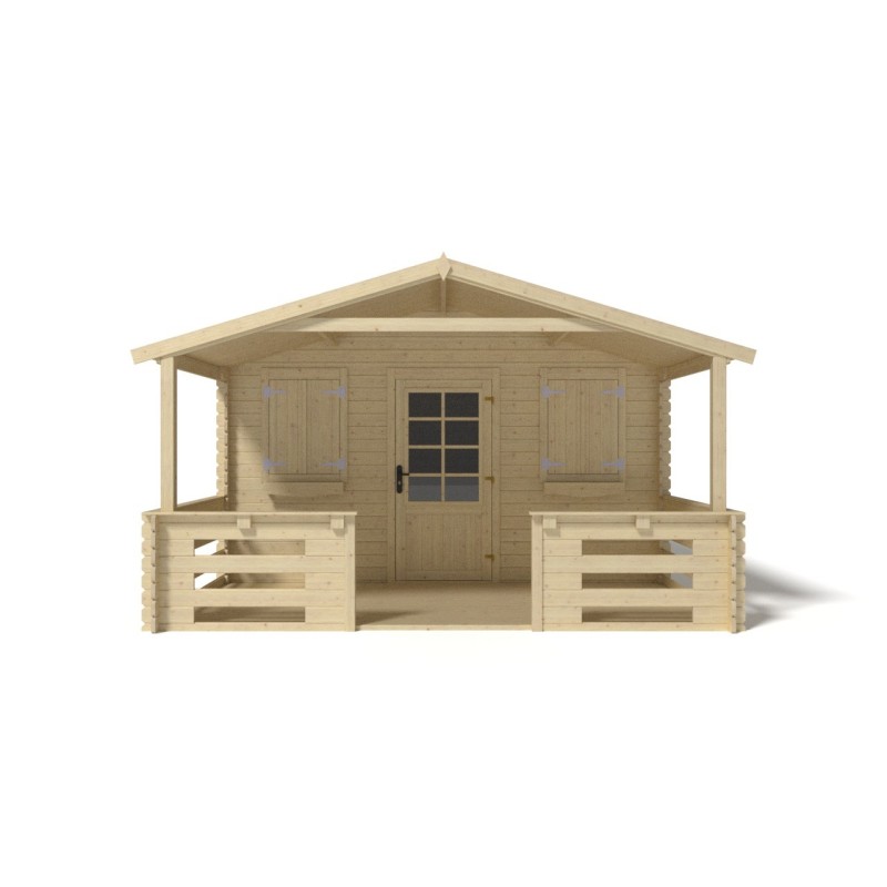 Abri de jardin en bois - 4x3 m - 20 m2 + terrasse avec balustrade et avant-toit en bois