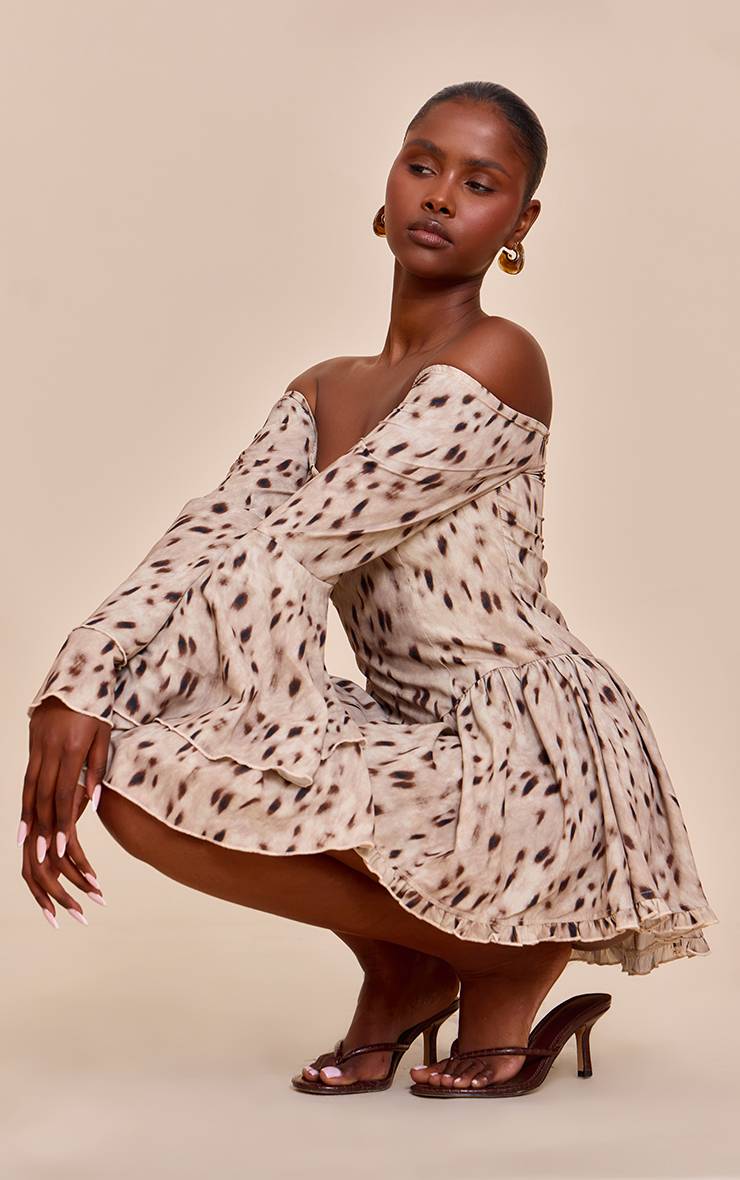 Marron Combinaison-short À Motifs Abstraits Col Bardot Et Manches Évasées