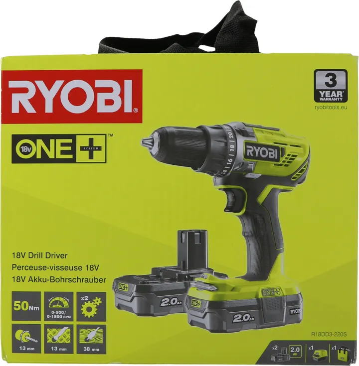 Ryobi One  R18DD3-220S - Bor/driver - ledningfri - 2-hastigheders - nøgleløs borepatron 13 mm - 50 N·m - 2 batterier - 18 V