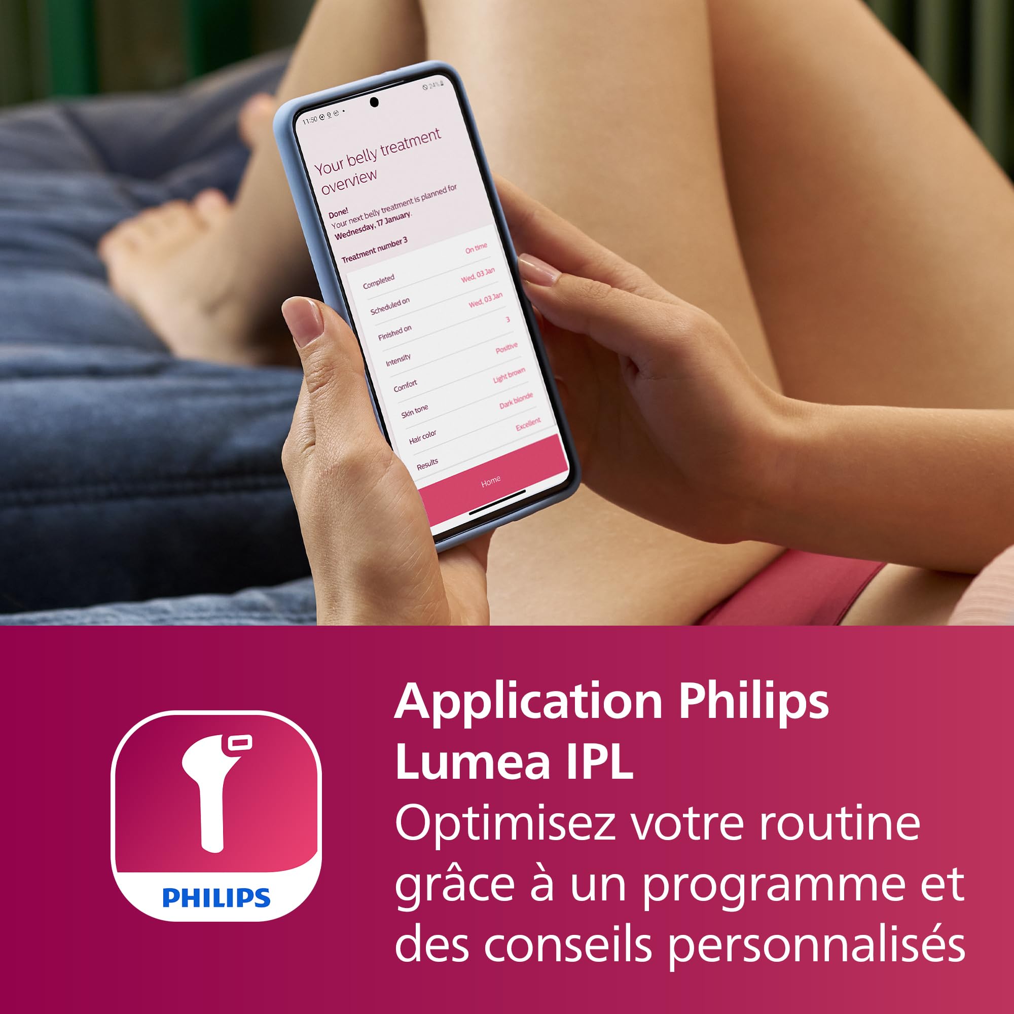 Philips Lumea série 7000, Épilateur à lumière pulsée, alternative à l'épilation laser, 3 embouts pour le corps, le visage et le maillot, modèle SC1999