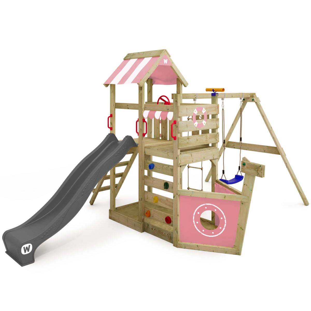 WICKEY SeaFlyer speeltoren klimtoestel met schommel en glijbaan, boomhut met zandbak, klimladder en speelaccessoires – pastelroze