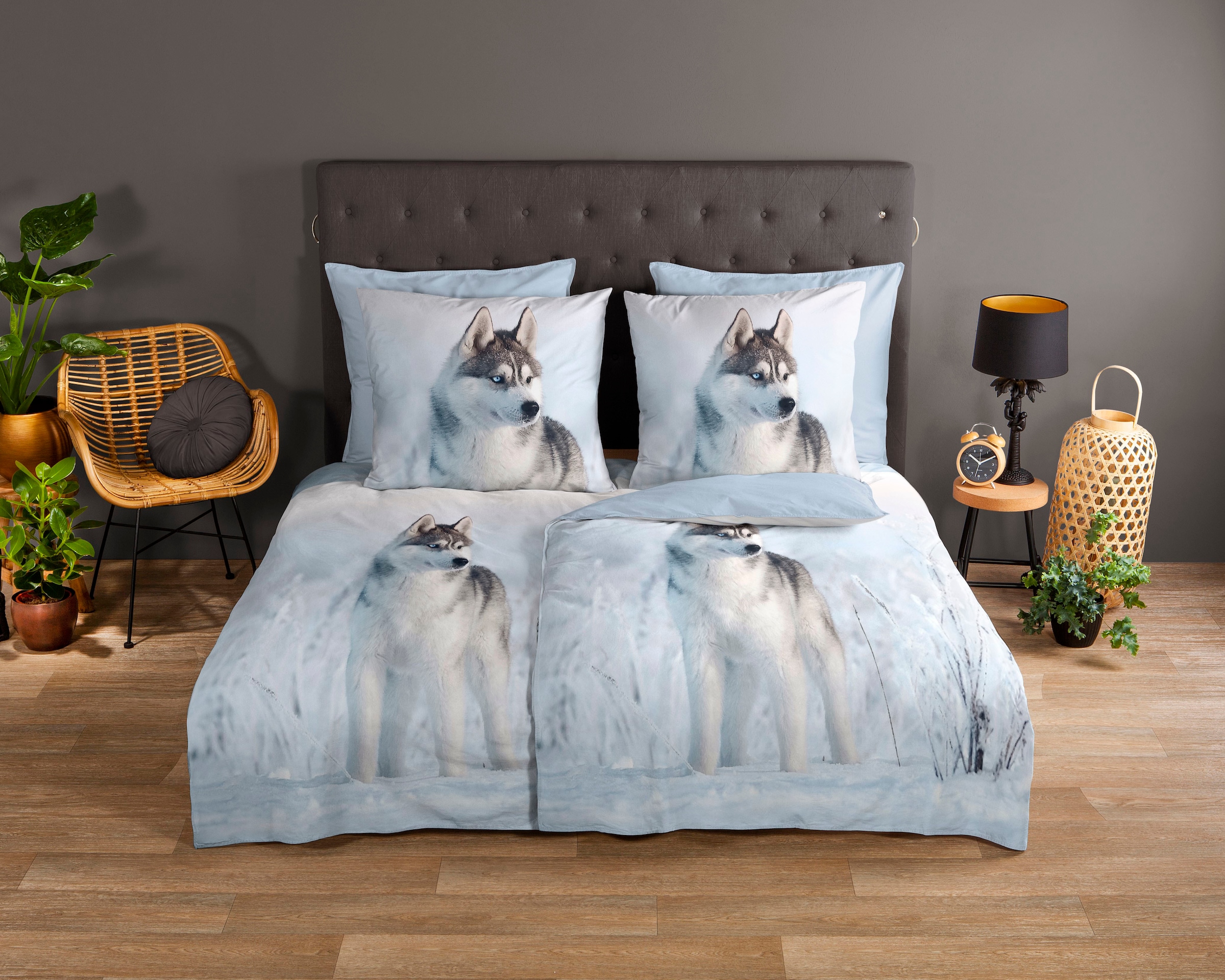 good morning Wendebettwäsche »Sachar« 2 Stk. tlg. Baumwolle, 135x200, Reissverschluss, Wendeoptik, Winter, Husky, Blau