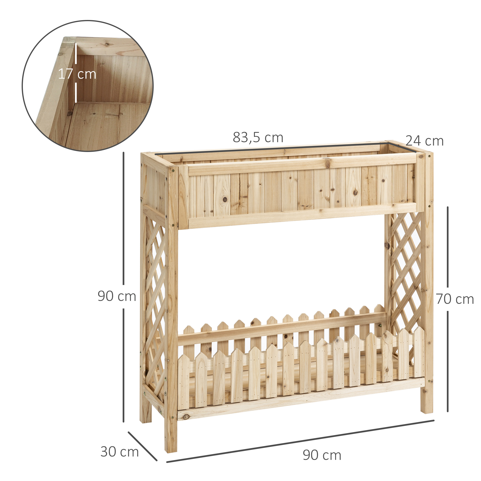 Canteiro elevado de madeira Outsunny para jardim urbano, 90x30x90 cm, com prateleira inferior, cerca viva decorativa e 4 orifícios de drenagem para plantas, vasos e flores (cor natural).