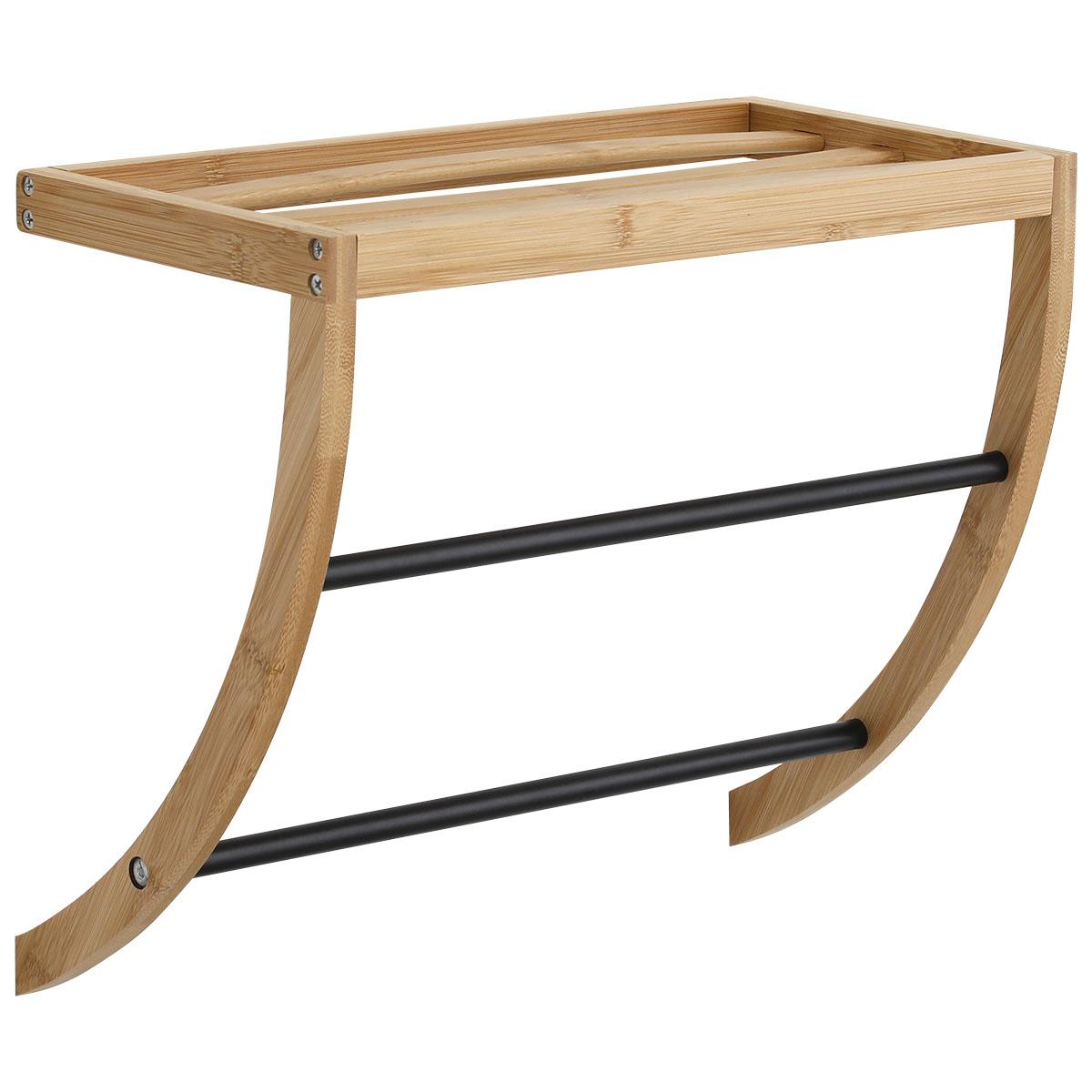 PORTE SERVIETTES MURAL 1 ETAGERE 2 BARRES INOX NOIR BAMBOU
