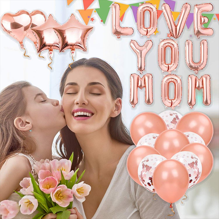 (42-tlg. Set) Deko Latex Ballons Muttertag Folien Luftballons mit Konfetti - Love You Mom / Roségold