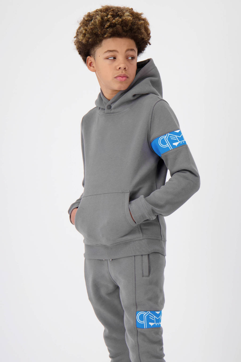 BLACK BANANAS hoodie JR. COMMANDER met contrastbies en borduursels grijs/blauw