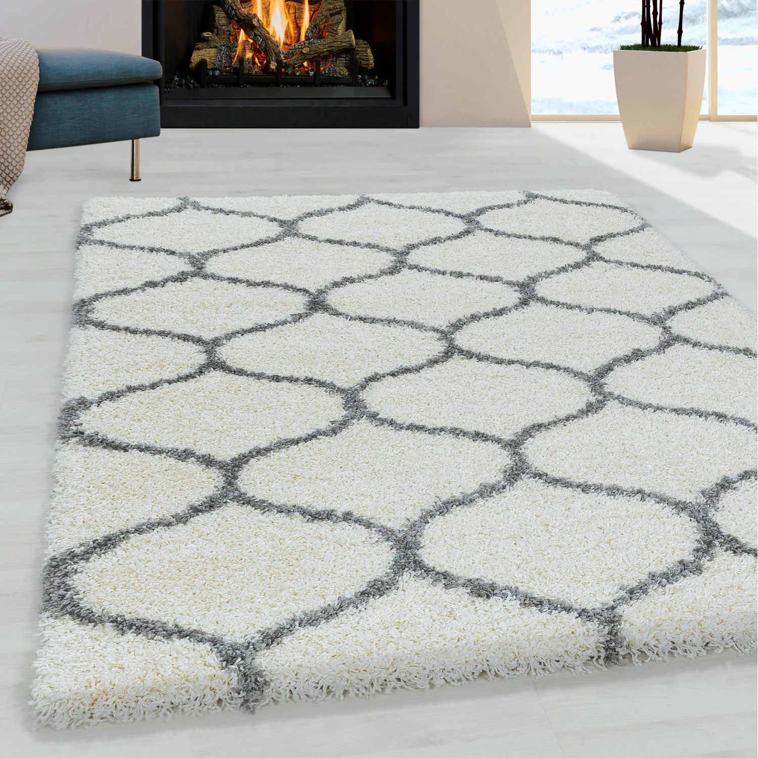 Stilvoller Designer Hochflor Teppich, Skandinavisches Flair, Flauschiger Teppich