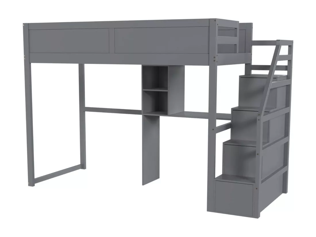 Lit superposé 90x200cm en bois massif - avec escalier de rangement et bureau - Gris