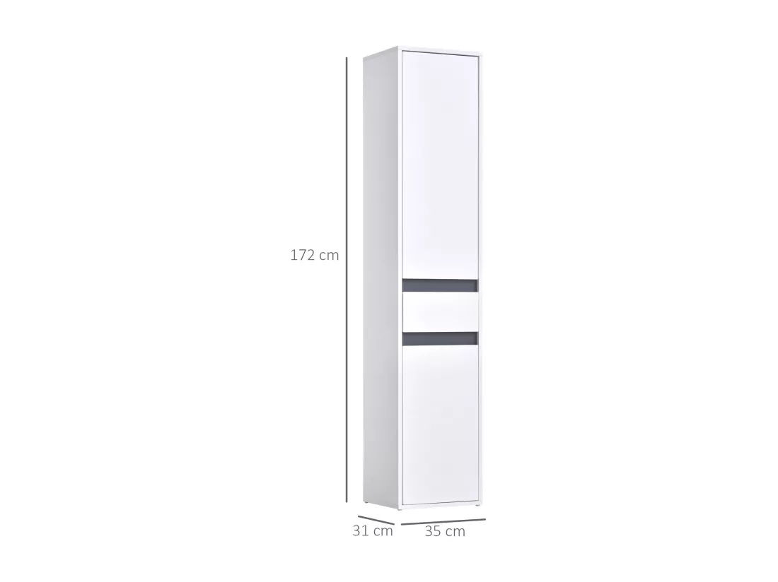 Meuble colonne rangement salle de bain style contemporain 2 placards 3 étagères et tiroir coulissant panneaux particules blanc