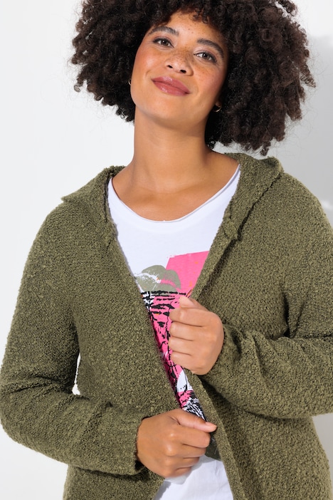 Long-Strickjacke, Noppen-Struktur, Kapuze