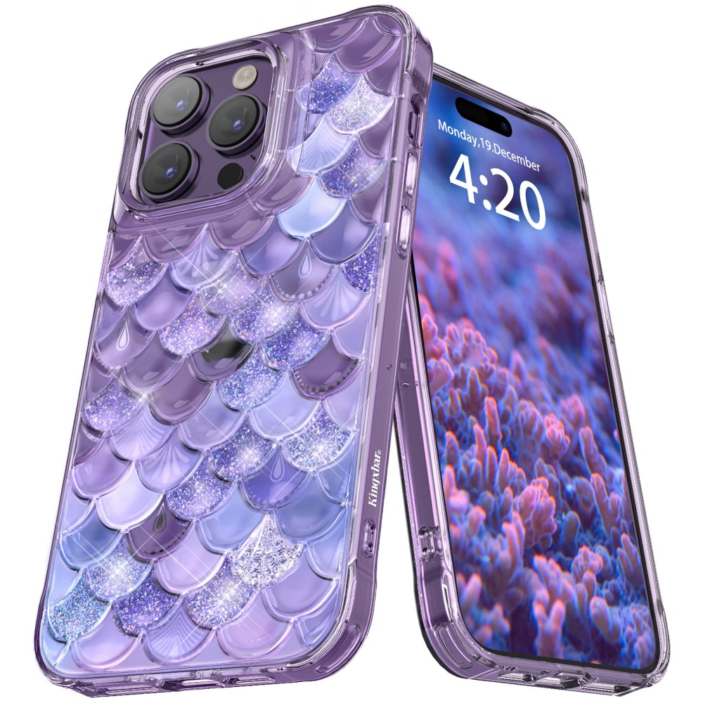 iPhone 14 Pro 3D Gummi Case Schutzhülle im Glitzer Meerjungfrau Mermaid Design - Lila / Transparent