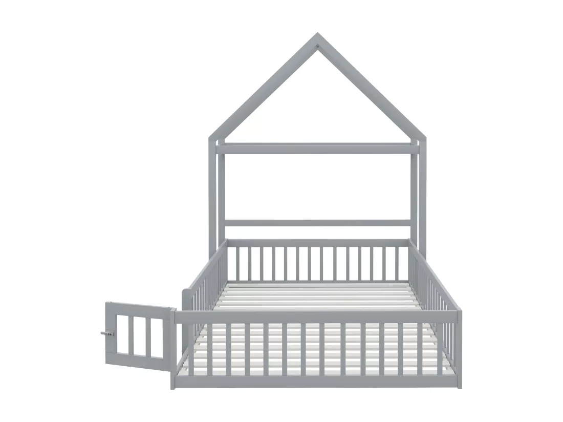 Lit enfant cabane 140x200cm en bois massif - avec tringle à vêtements - Gris