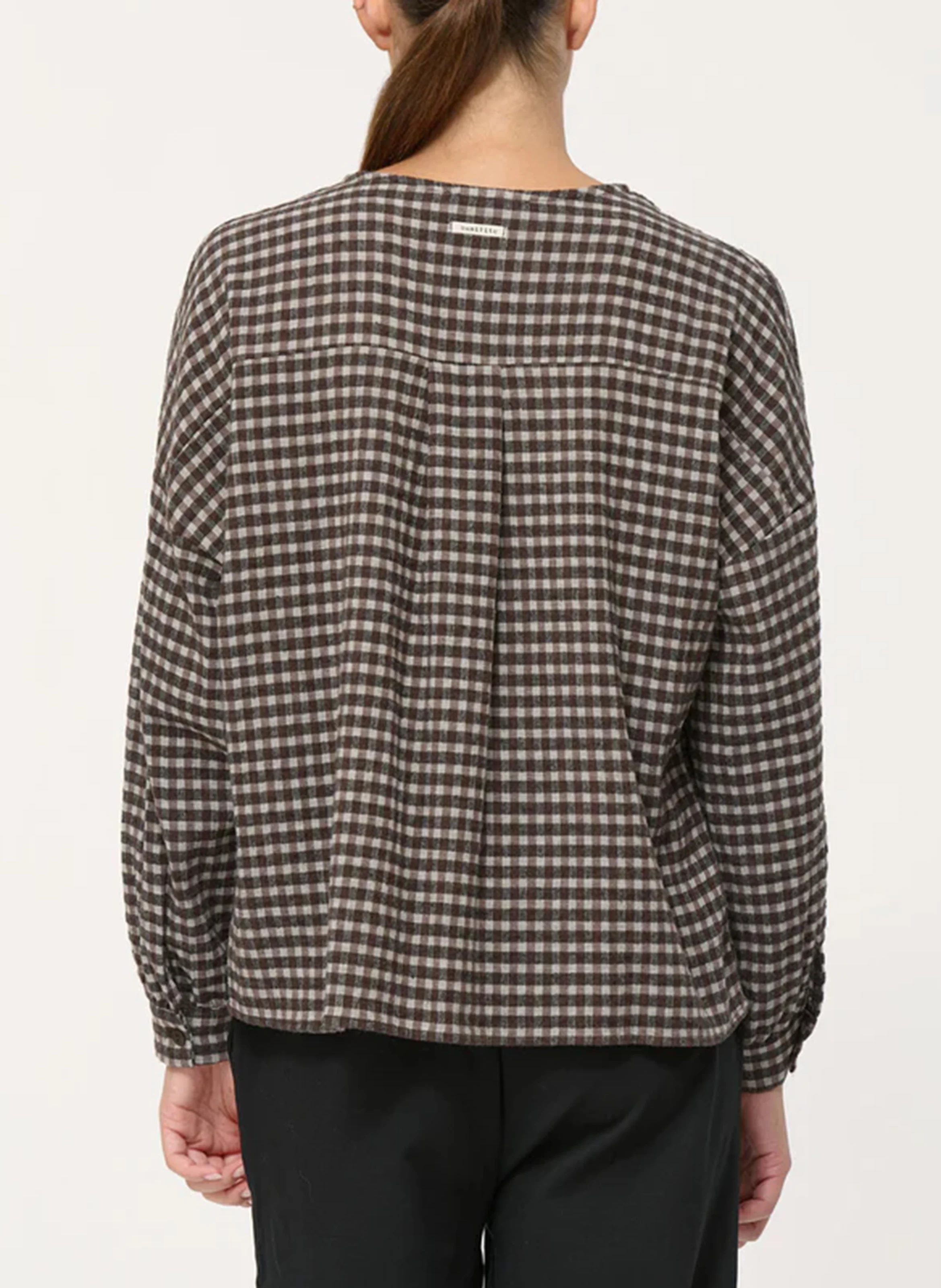 Chemise col rond ample en coton mélangé à carreaux | Marron
