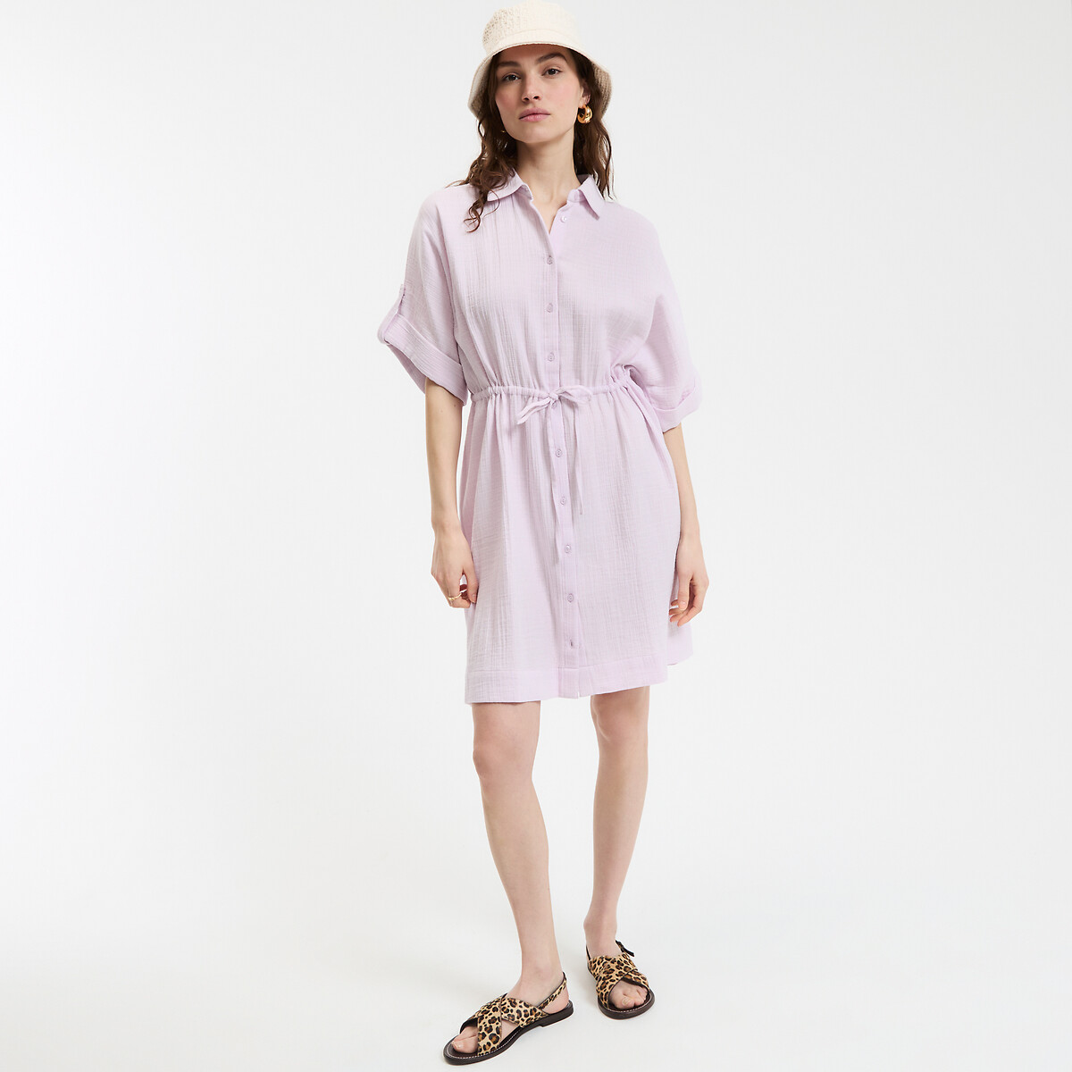COLEÇÃO LA REDOUTE<br>Vestido camisa curto e evasê com mangas curtas