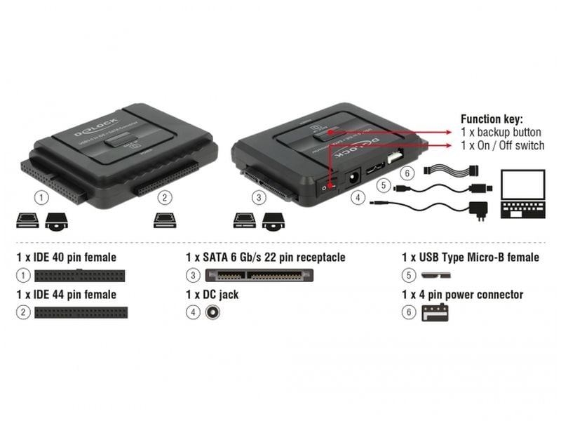 Delock Konverter USB 3.0 auf SATA III / IDE 40 Pin / IDE 44 Delock Konverter USB 5 Gbps zu SATA 6 Gb/s / IDE 40 Pin / IDE 44 Pin mit Backup Funktion