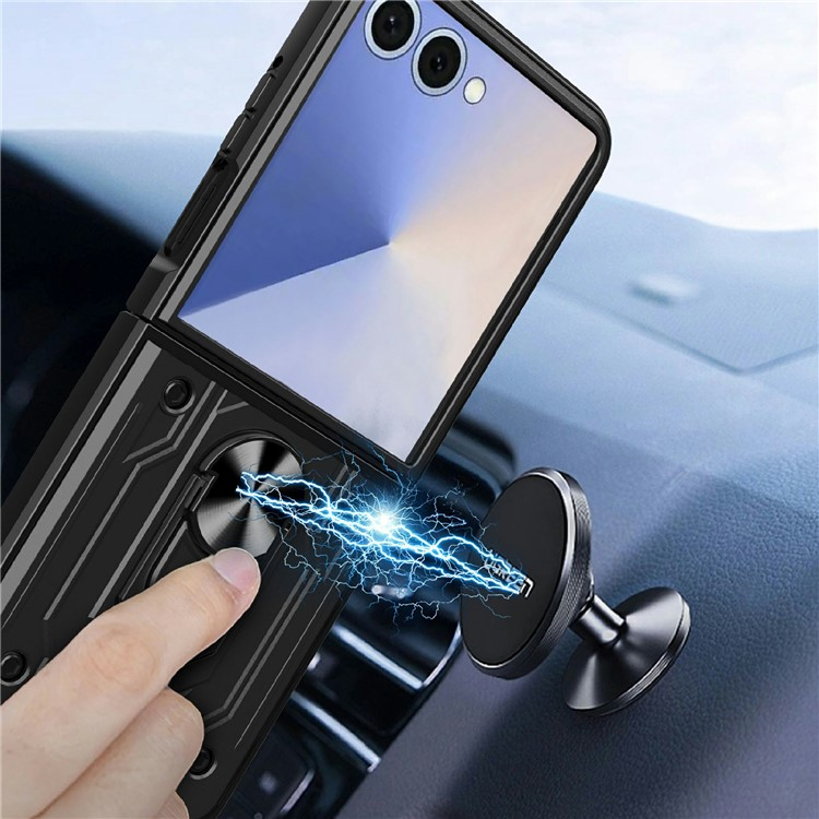 Samsung Galaxy Z Flip7 Hybrid Hardcase Hülle   Magnetischer Kickstand Haltering - Schwarz
