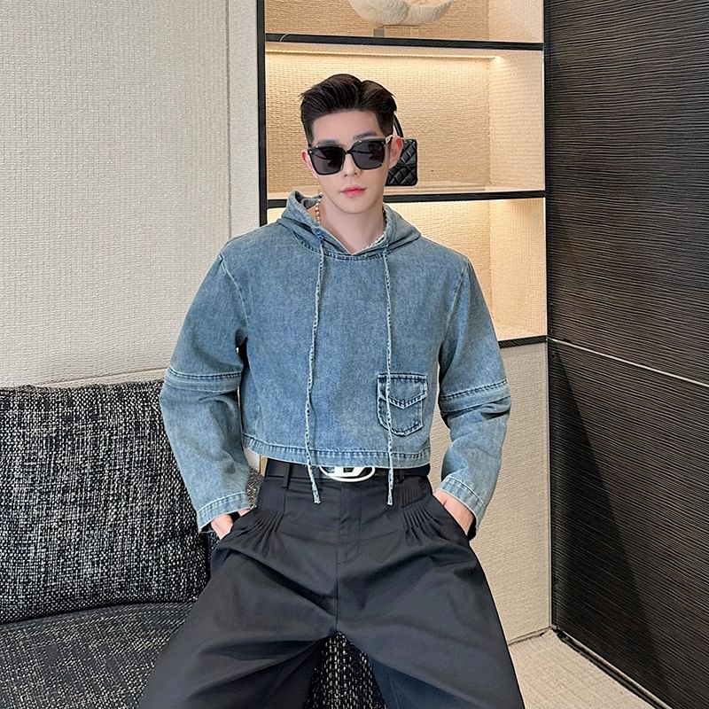 Freehop - Cropped hoodie van gewassen denim
