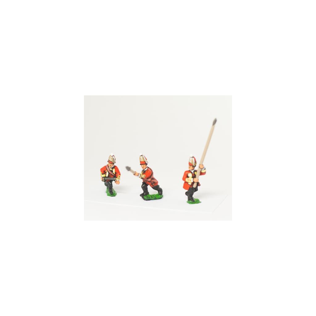 Seven Years War British: Command: Grenadier Officer, Standard Bearer & Drummer, advancing, with variants