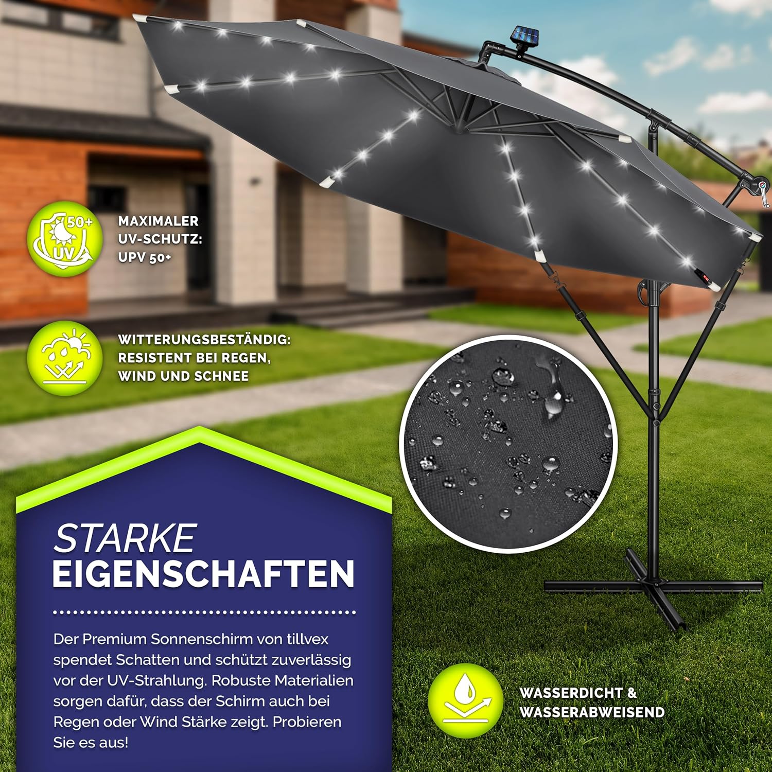 tillvex Alu Ampelschirm + Abdeckung LED Solar Ø 300 cm mit Kurbel, Abdeckung + Ständer | Sonnenschirm mit Windschutz | Gartenschirm UV-Schutz Aluminium | Kurbelschirm Marktschirm wasserdicht