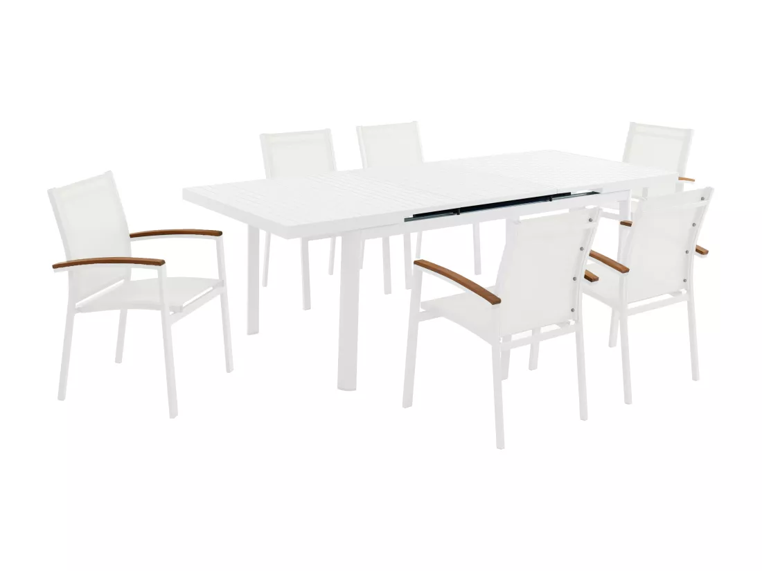 Salle à manger de jardin en aluminium : une table extensible L.180/240cm et 6 fauteuils empilables avec accoudoirs acacia - Blanc - NAURU de MYLIA