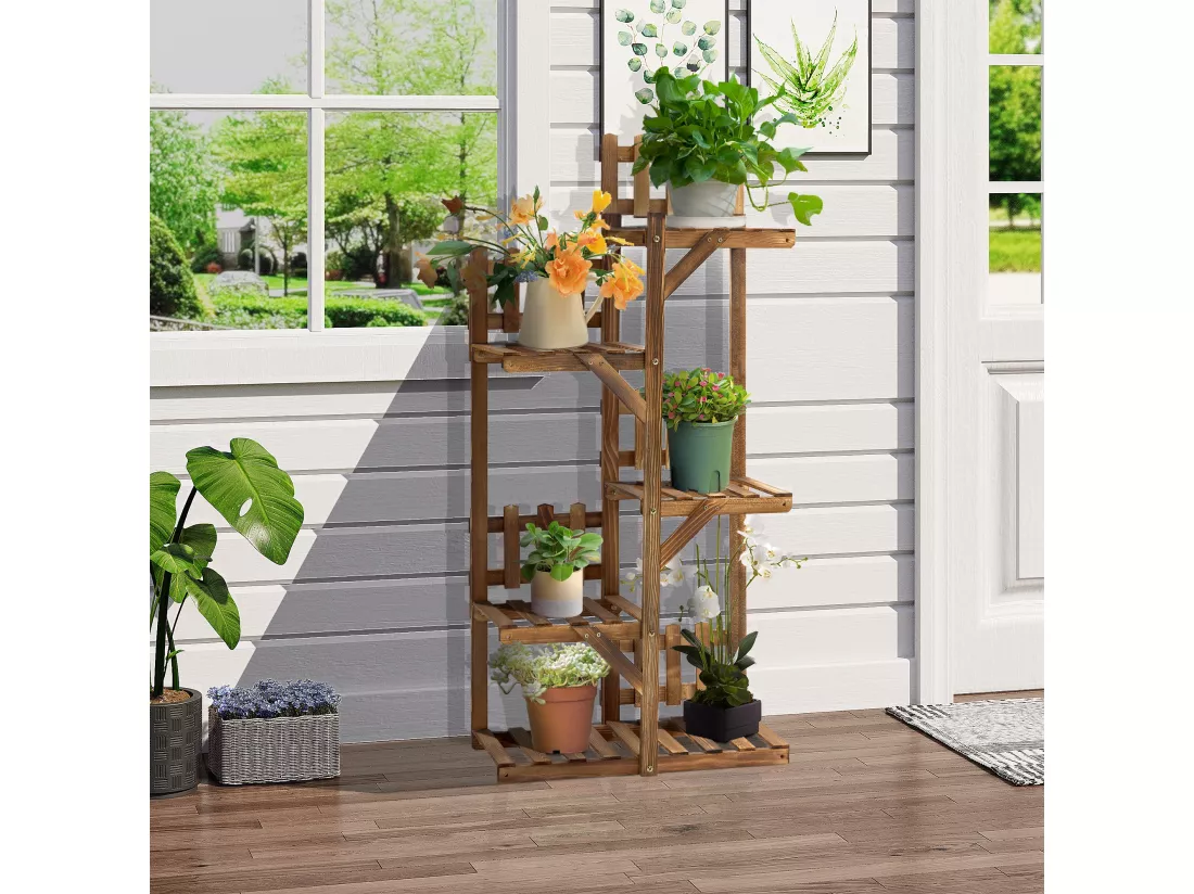 Étagère à fleurs en bois - porte plante bois 5 tablettes ornement petites barrières - dim. 60L x 30l x 130H cm - bois de sapin traité carbonisation