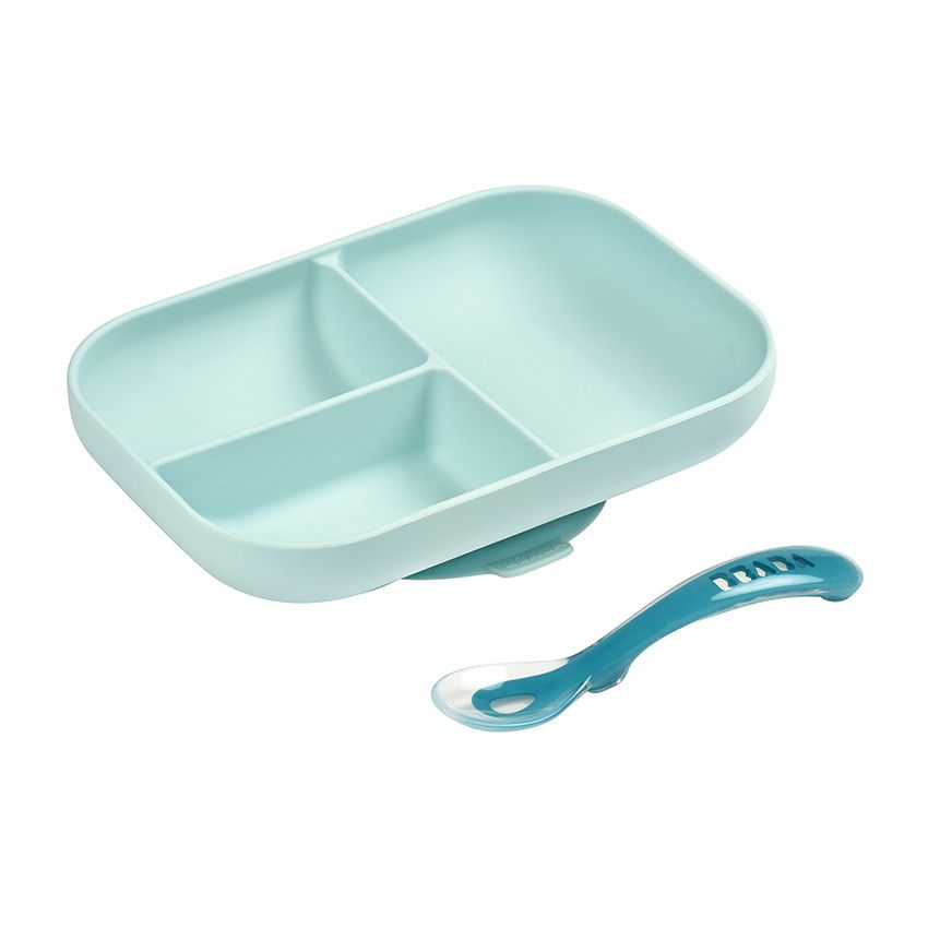 Set repas compartimenté en silicone avec ventouse - Bleu - Ecru