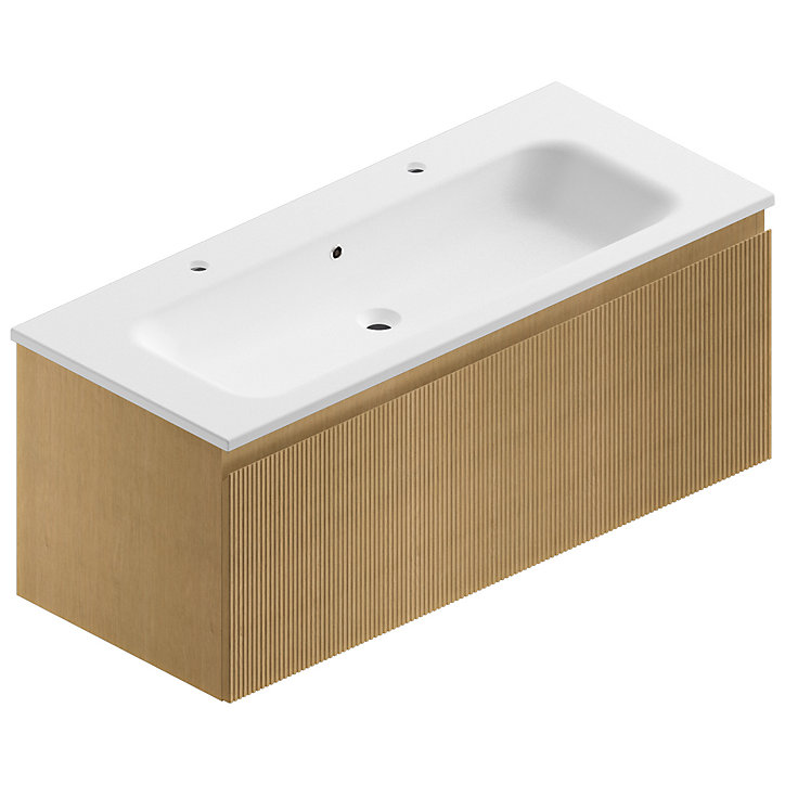 Meuble sous vasque à suspendre Pura placage chêne clair strié 120cm + Plan vasque en résine blanc mat