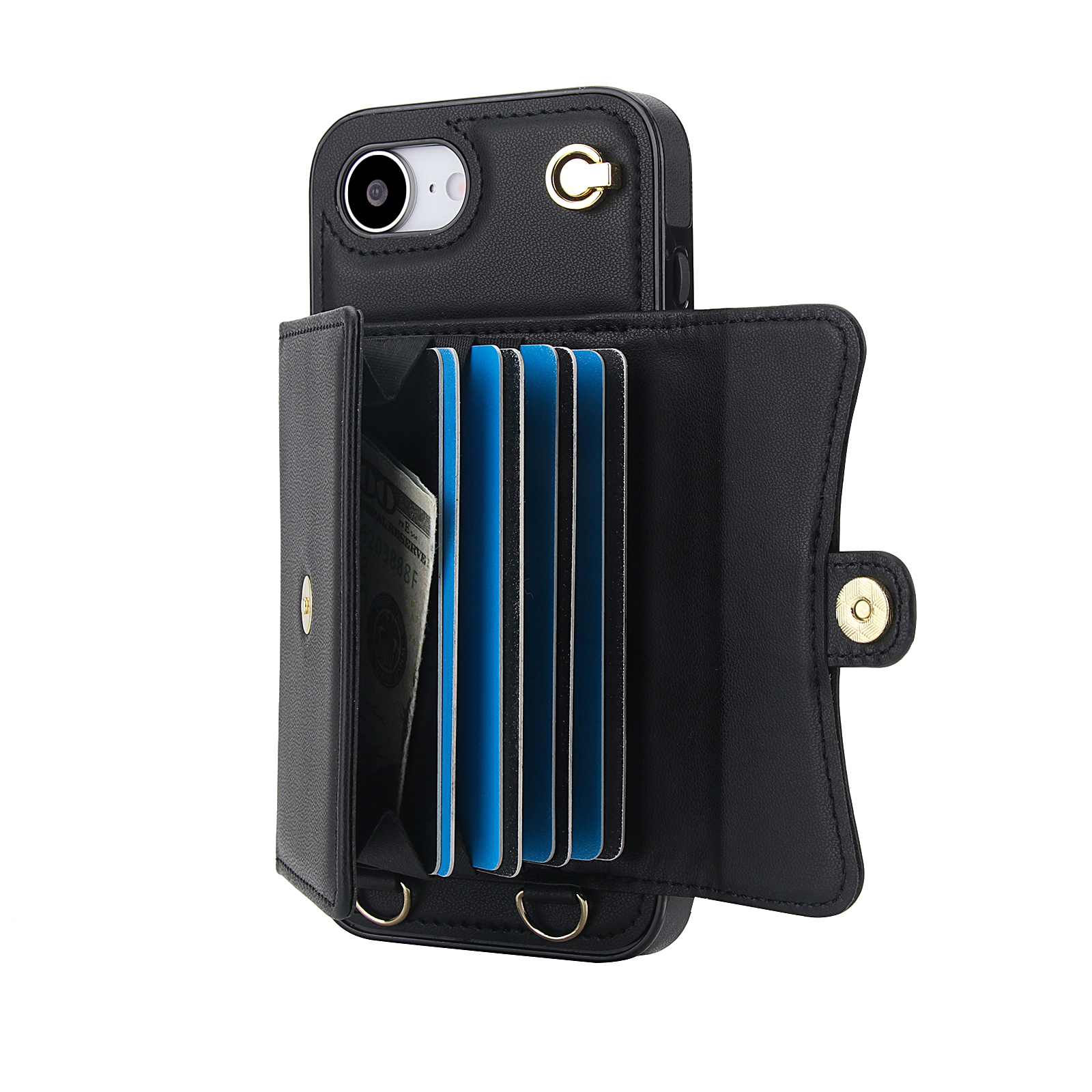 iPhone 16e Necklace Leder Schutz Hülle mit Kartenfach   Handykette (140cm) - Schwarz