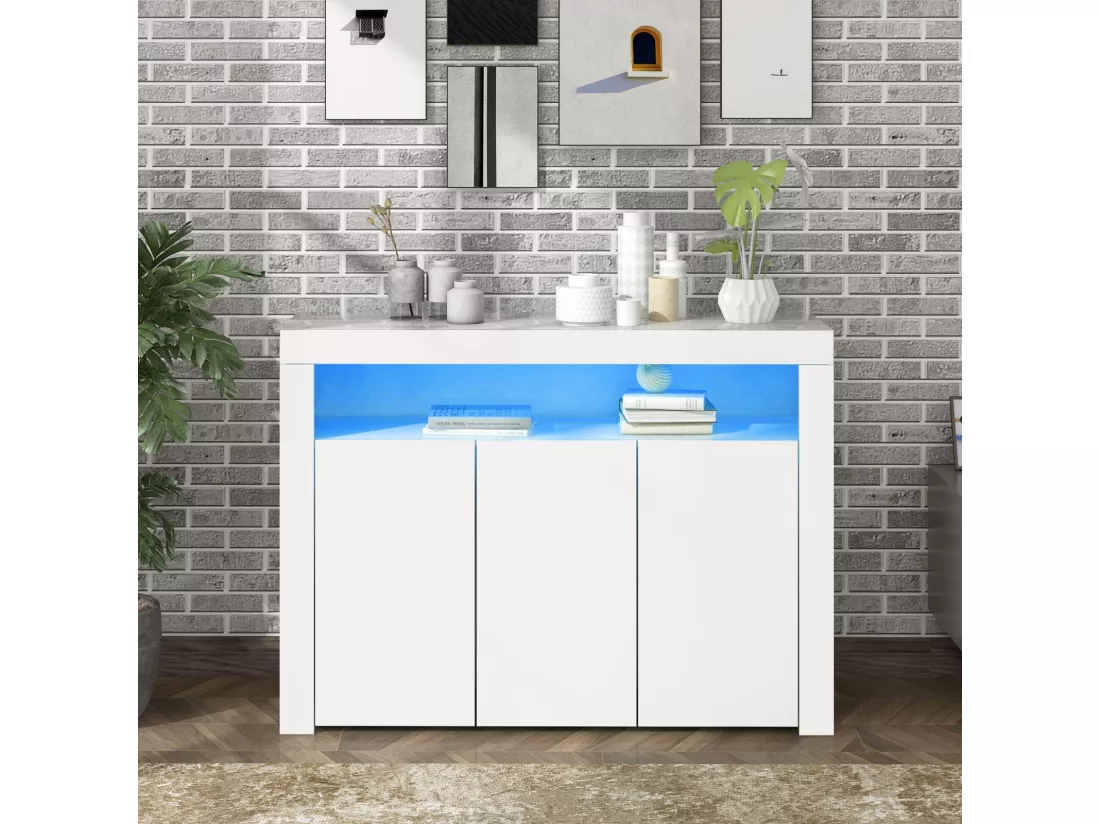 Buffet 3 portes et 1 niche - Panneau de particule - avec 16 couleurs LED et télécommande - Blanc