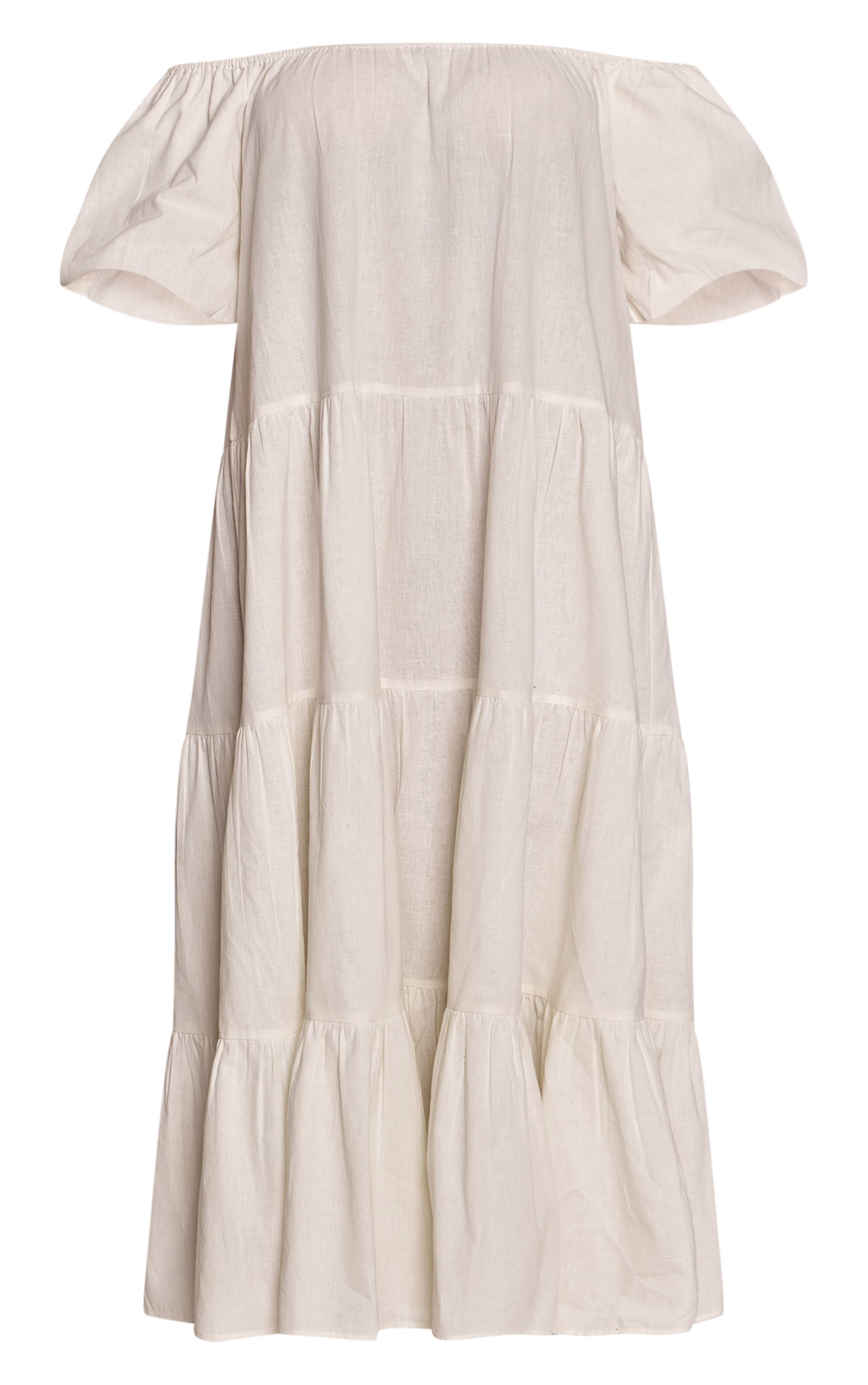 Crème Robe Maxi Grande Taille À Encolure Bardot Étagée Effet Lin