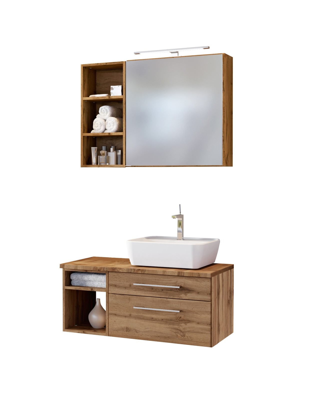 3-teiliges Badmöbel-SetDAVOS - Wotaneiche - 90 cm breit - Becken rechts
