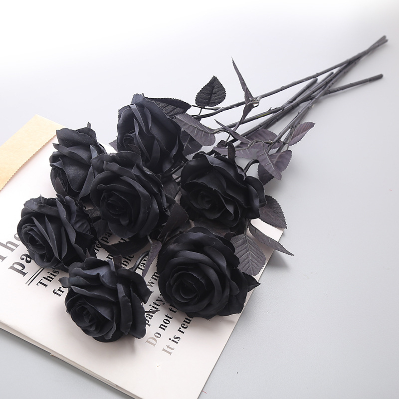 (50cm) Deko Rose Party Accessoire Kunstblume Rosenstrauss Zubehör für Halloween / Motto Party - Schwarz