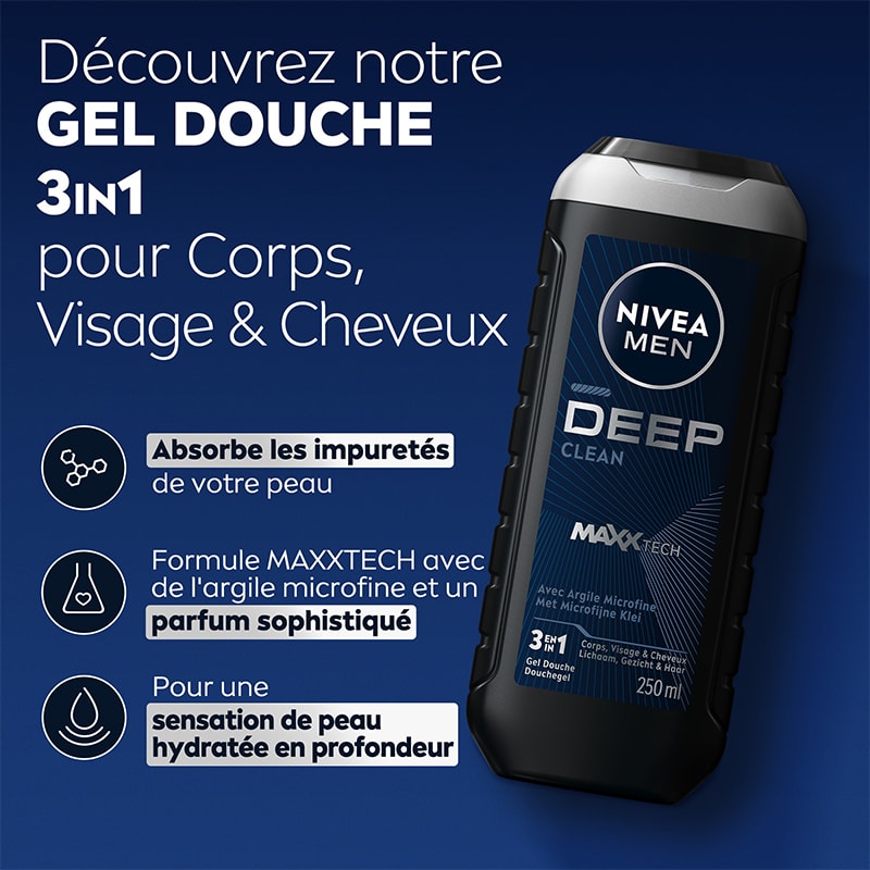 Gel douche 3-en-1 à la poudre d'argile - Visage, corps & cheveux - Homme - 250 ml