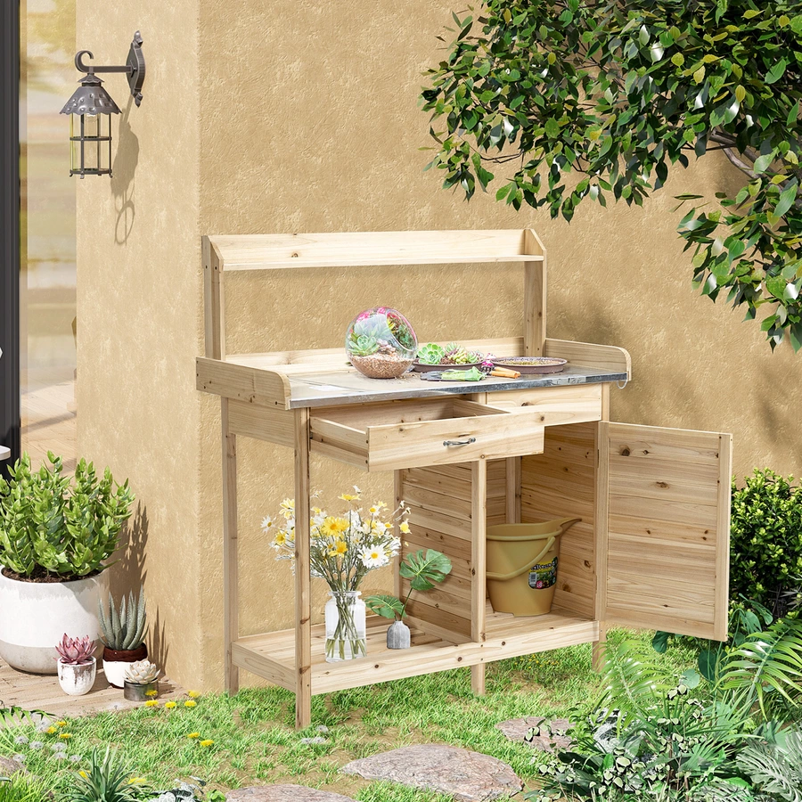Outsunny Pflanztisch Mit Schublade und Haken natur