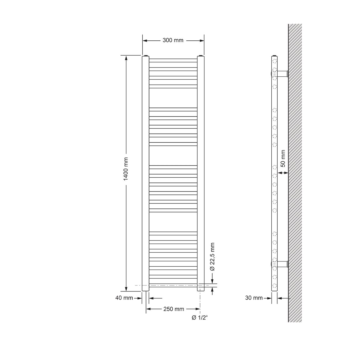 ECD Germany Badkamerradiator - 300 x 1400 mm - Wit - Recht met Zijaansluiting - Radiator Handdoekverwarmer Handdoekdroger